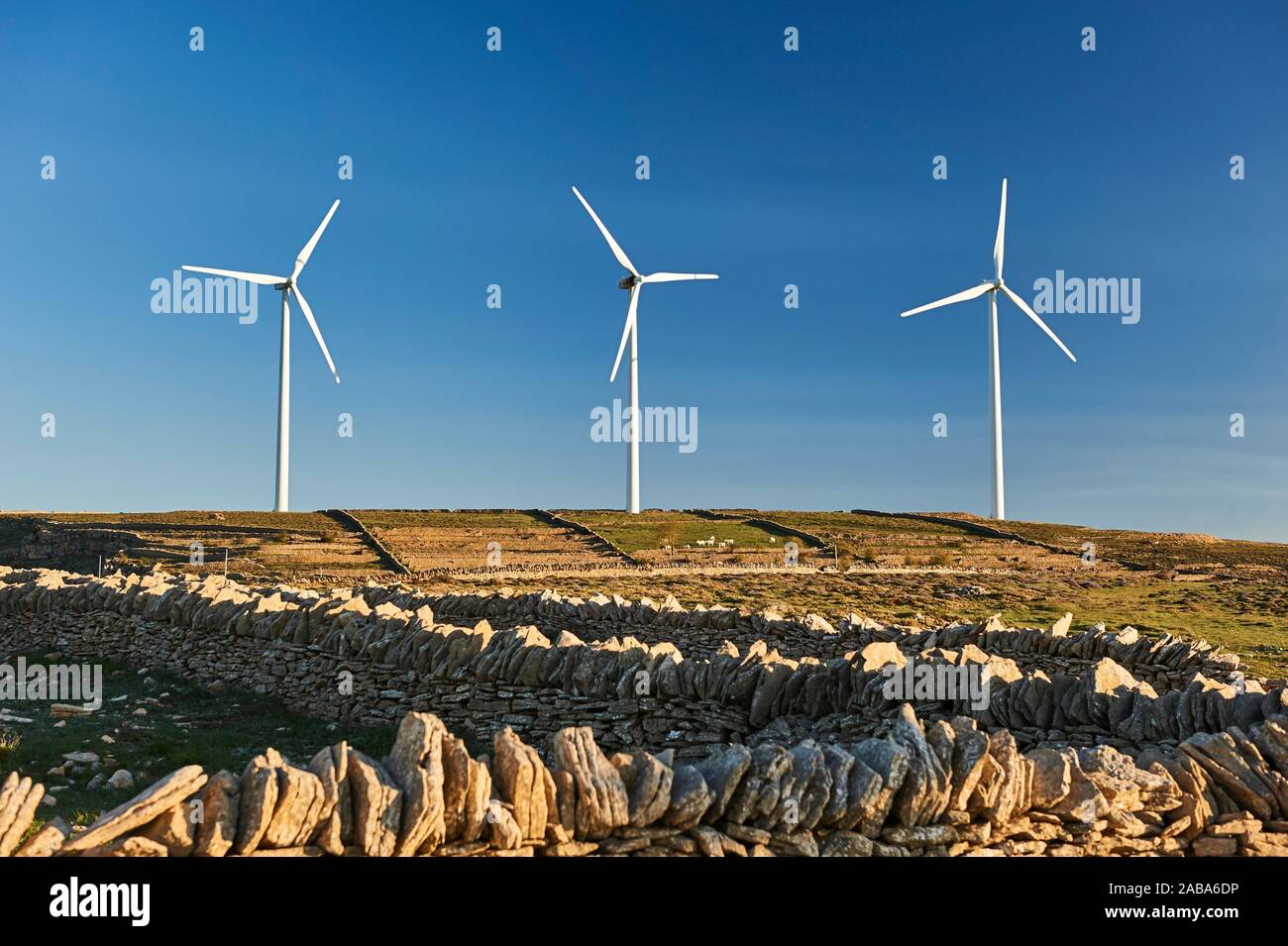 Wind farm in mediterranean landscape of Castellfort, Castellon province, Valencian Community, Spain. Stock Photo