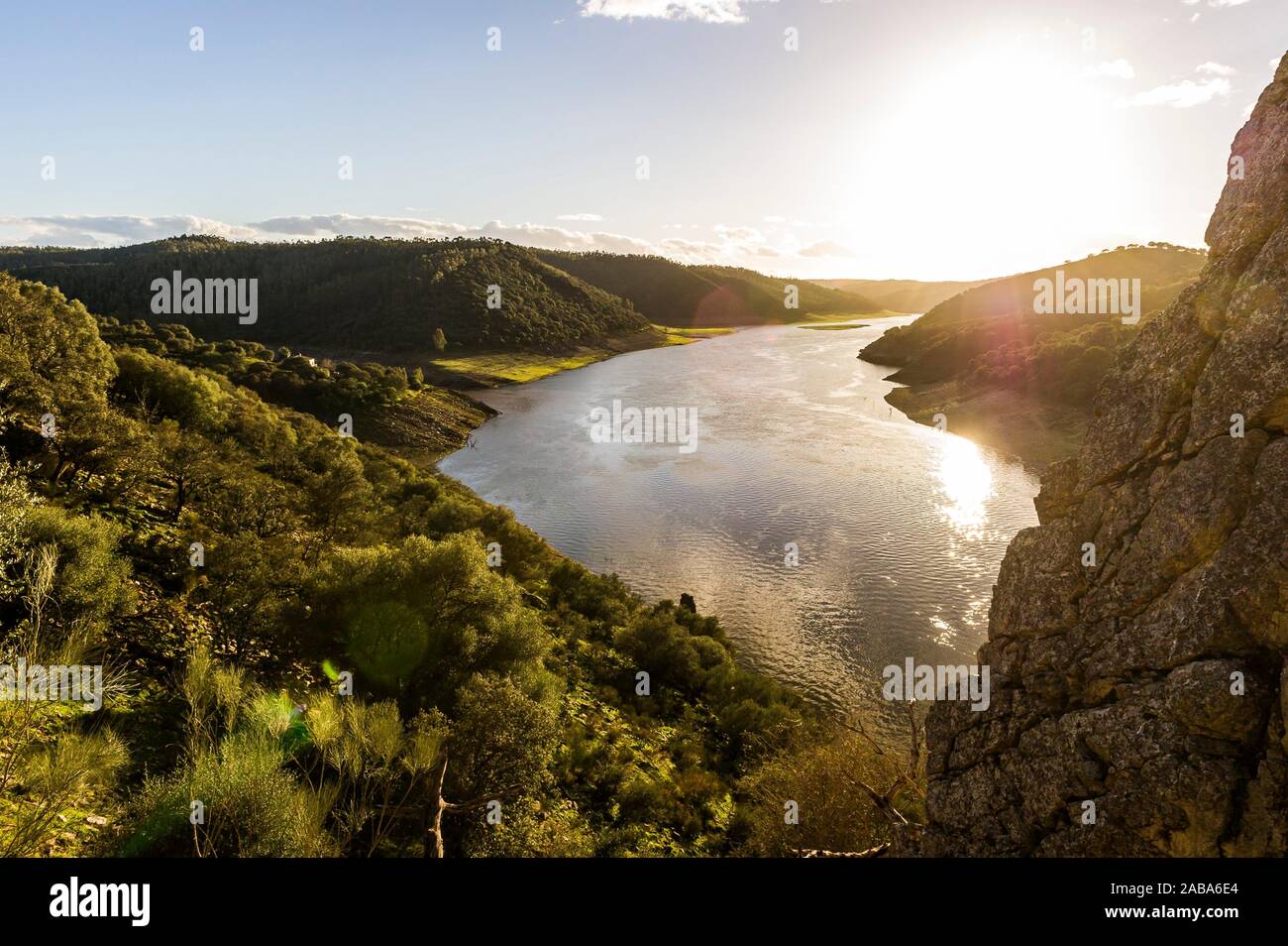 View from ''Salto del Gitano''of ''José María de Oriol'' dam in Tajo river, Monfragüe National Park (Cáceres Province, Extremadura Region, Spain) Stock Photo