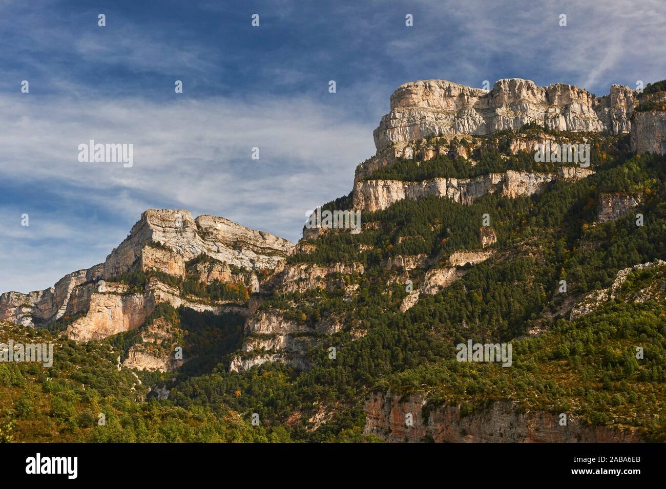 Pyrenean forest and mountains in Añisclo Canyon, Ordesa and Monte Perdido National Park, Huesca province, Aragon (Spain) Stock Photo