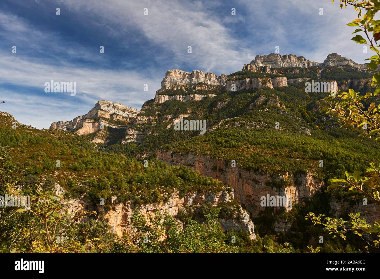 Pyrenean forest and mountains in Añisclo Canyon, Ordesa and Monte Perdido National Park, Huesca province, Aragon (Spain) Stock Photo