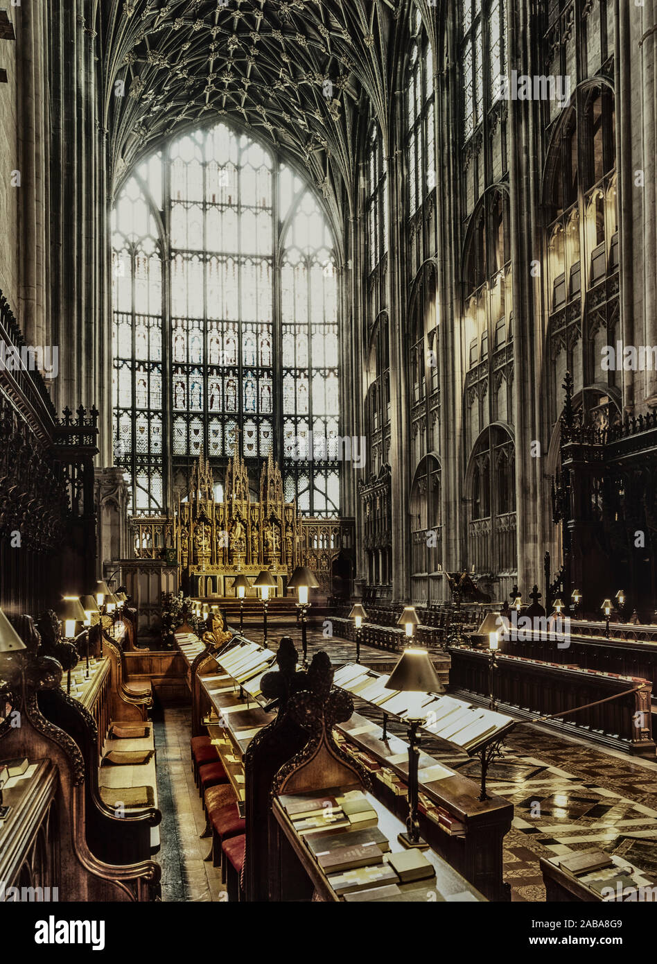 Gloucester Cathedral old choir stalls. Gloucestershire, England, UK