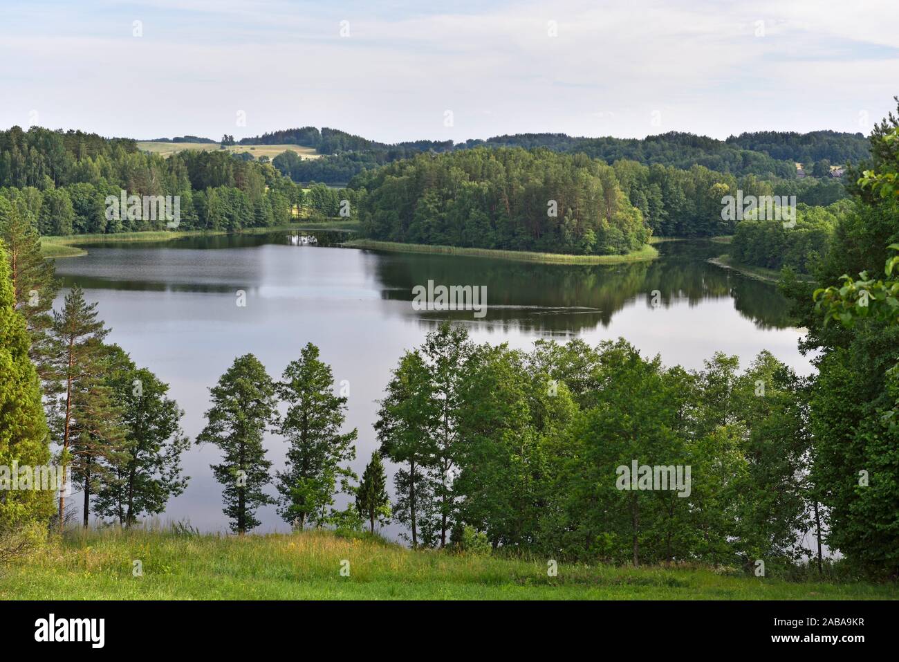 view over Alksnas lake from the top of Ladakalnis hill, one of the famous sights of Aukstaitija National Park, Lithuania, Europe. Stock Photo