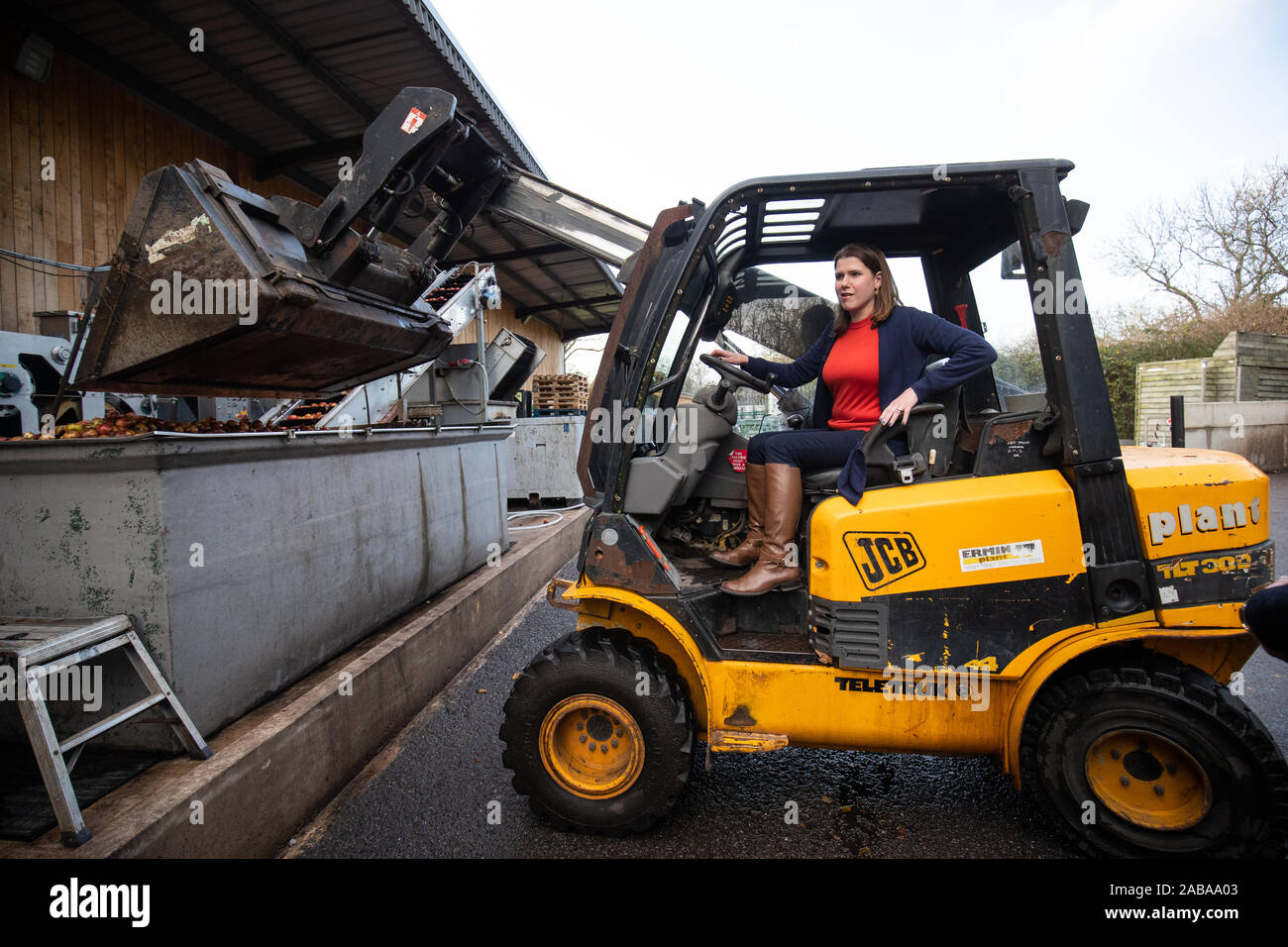 Liberal Democrat leader Jo Swinson drives a JCB during a visit to Dunkertons Cider Company, an organic and plastic free brewery in Cheltenham, Gloucestershire, during campaigning for the General Election. Stock Photo