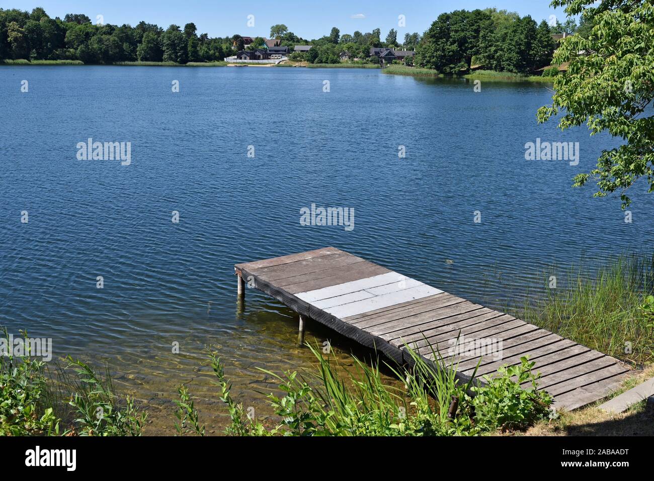 pontoon on shores of Galve Lake, Trakai, Lithuania, Europe. Stock Photo