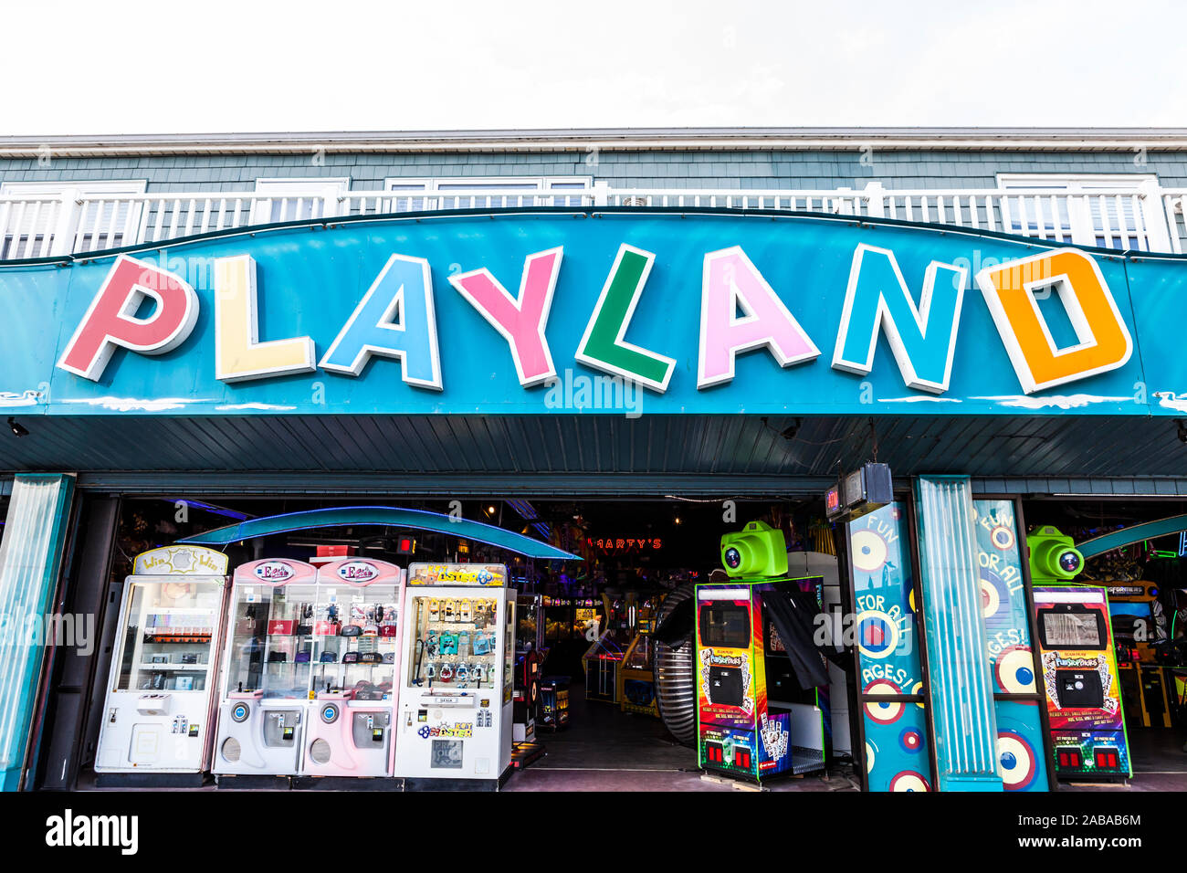 'Playland'  sign and storefront on the boardwalk in Ocean City, Maryland, USA. Stock Photo