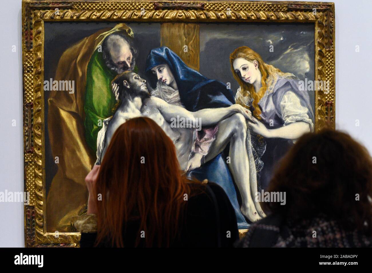 Visitor looks at a painting of El Greco at the exhibition at the Grand Palais in Paris. Stock Photo