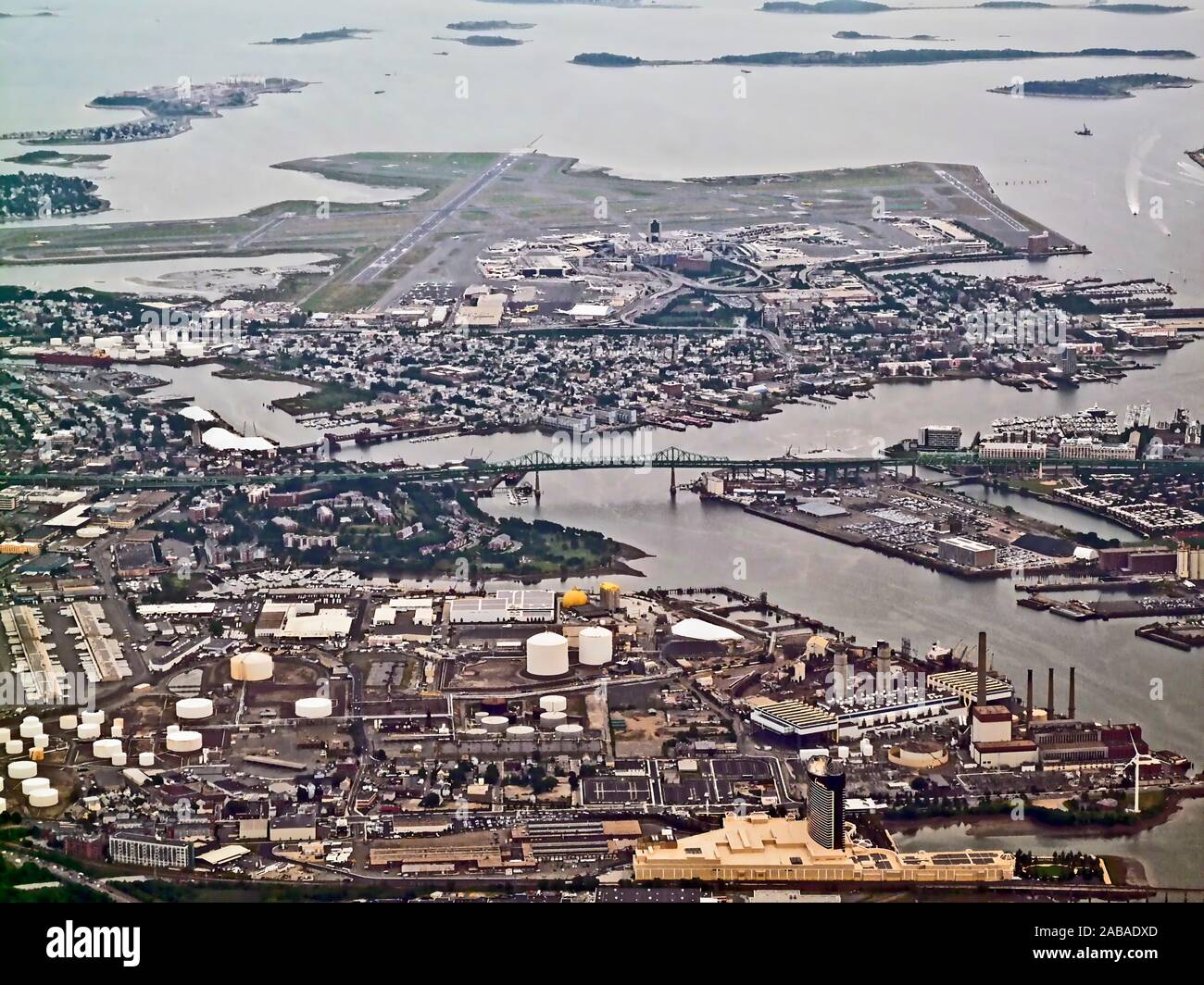 Boston, Massachusetts and Logan International Airport from the air. Stock Photo
