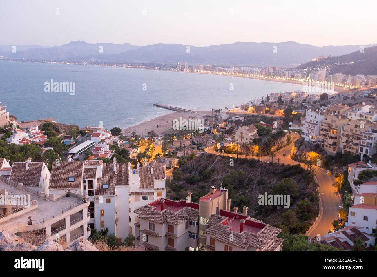 CULLERA VALENCIA SPAIN ON AUGUST 28, 2019: Aerial view of Cullera beach  from the volcano mountain at sunset Stock Photo - Alamy