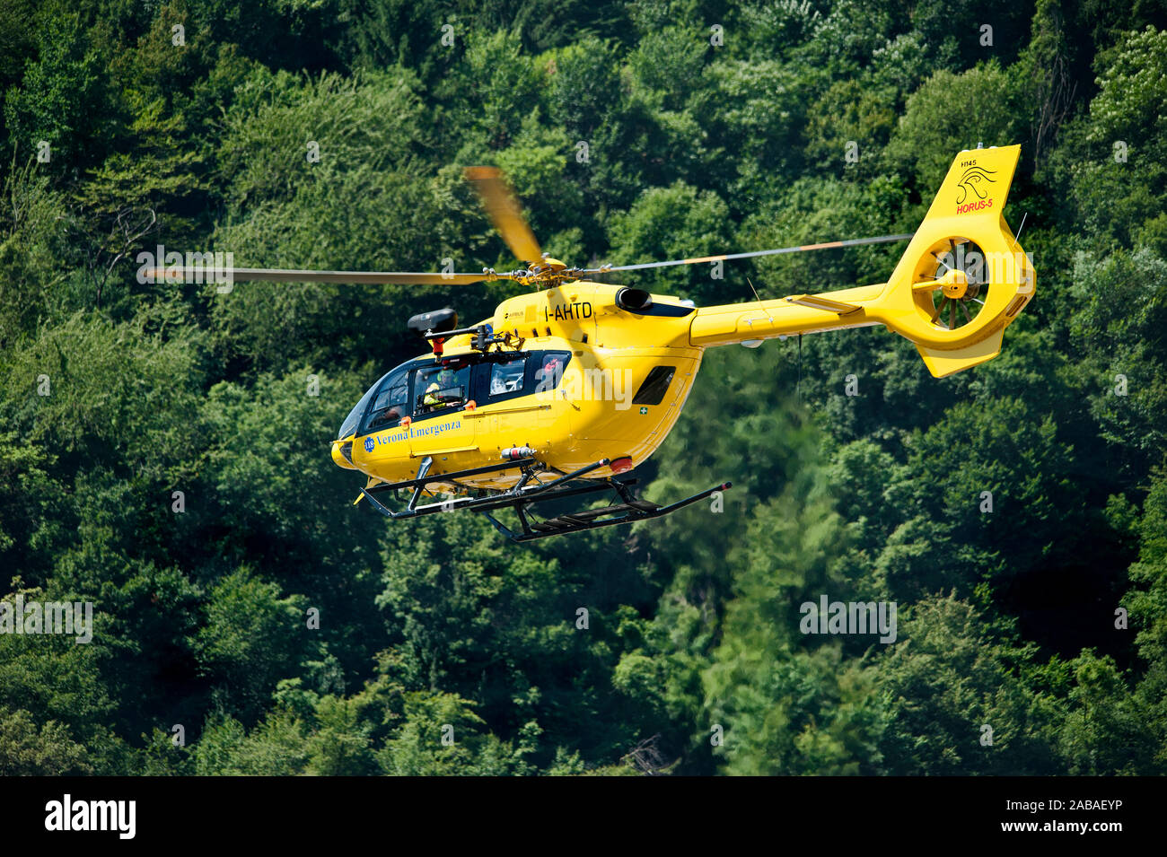 16/07/2019 Valdagno (VI) Italy: yellow Italian rescue helicopter in flight Stock Photo