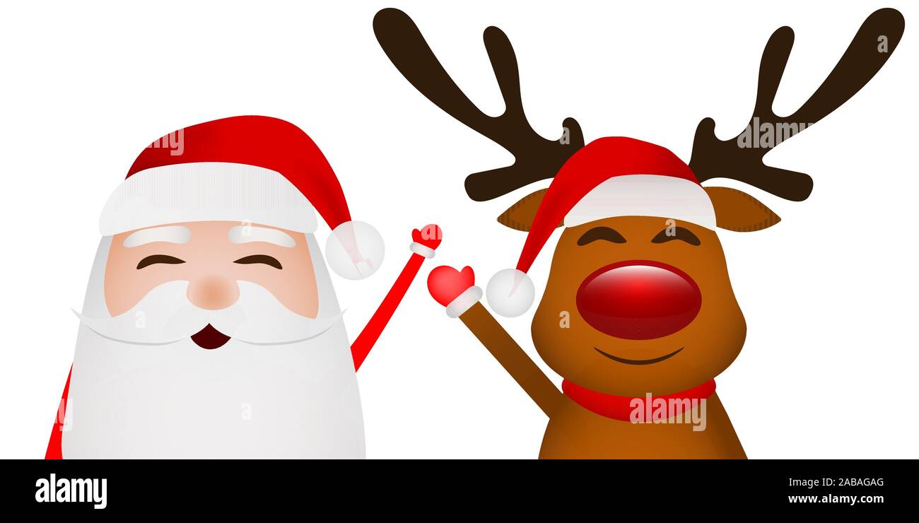 Cartoon funny santa claus and reindeer waving hands isolated on white ...