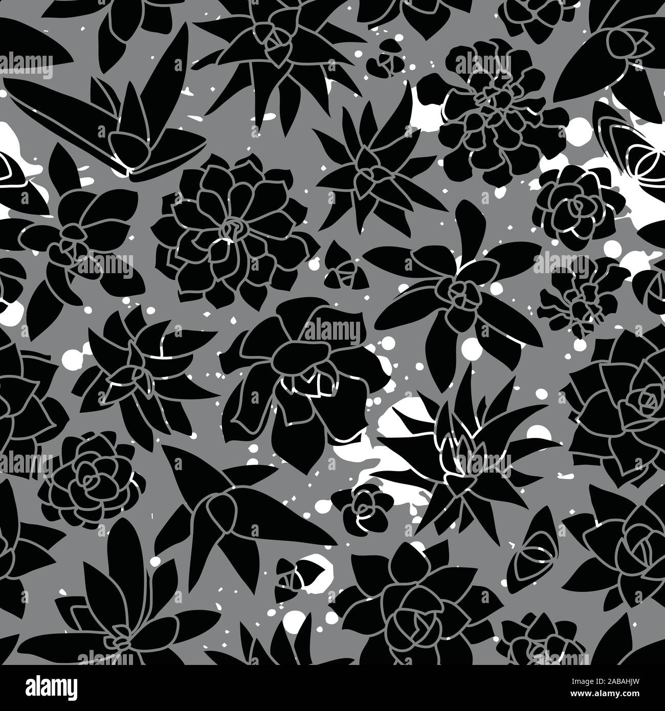 Modern and Unique Mono Succulent Wall Seamless Pattern in Black, Grey and white splashes of color Stock Vector