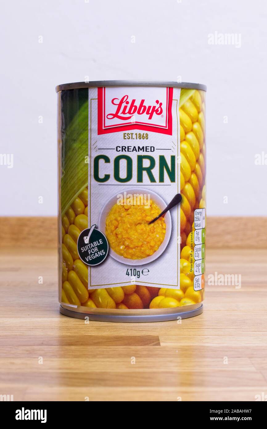 Tin can of Libby's creamed corn Stock Photo