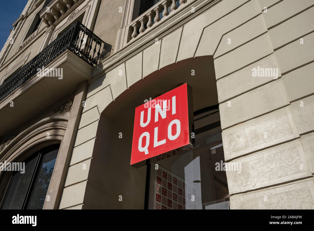 The logo of the Japanese chain of Uniqlo clothing stores seen at the Passeig  de Gràcia store.A boulevard of just over a kilometre, the Passeig de Gràcia  store brings together the most