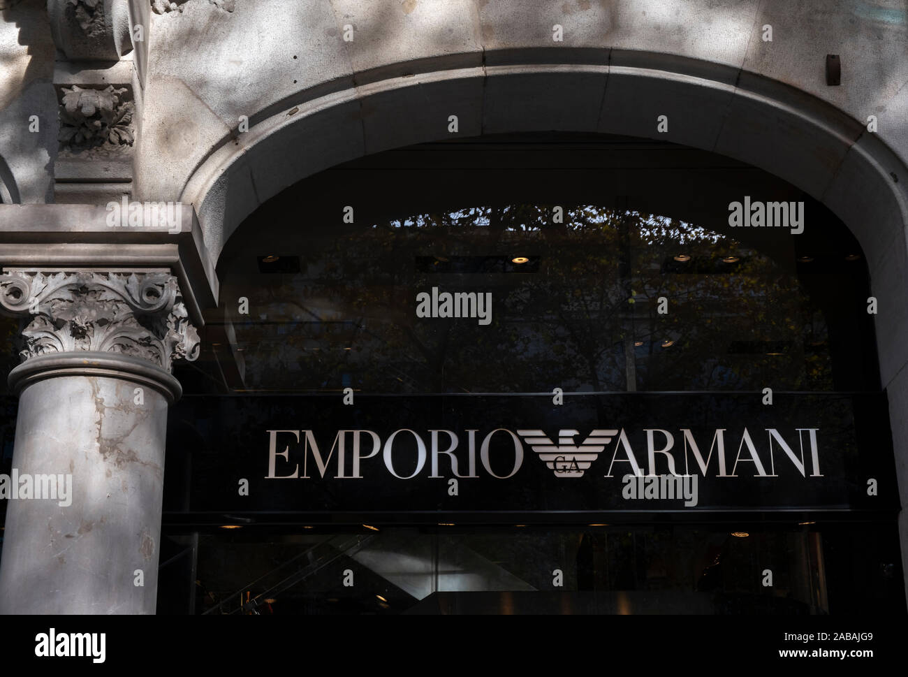The logo of the Italian fashion brand, Emporio Armani seen at the Passeig  de Gràcia store.A boulevard of just over a kilometre, the Passeig de Gràcia  store brings together the most important