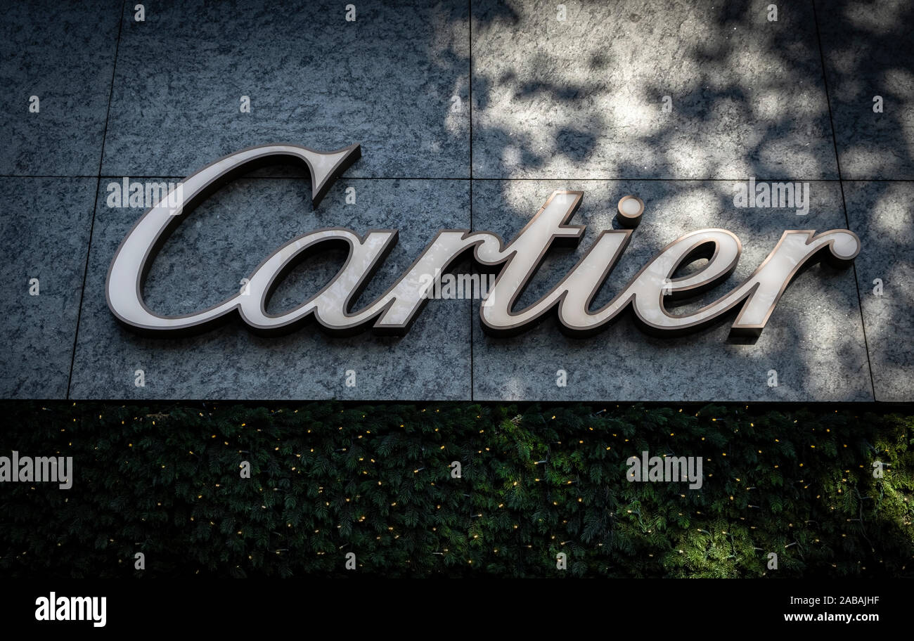 The logo of CARTIER, a French manufacturer and marketer of luxury watches  and accessories, seen at the Passeig de Gràcia store.A boulevard of just  over a kilometre, the Passeig de Gràcia store