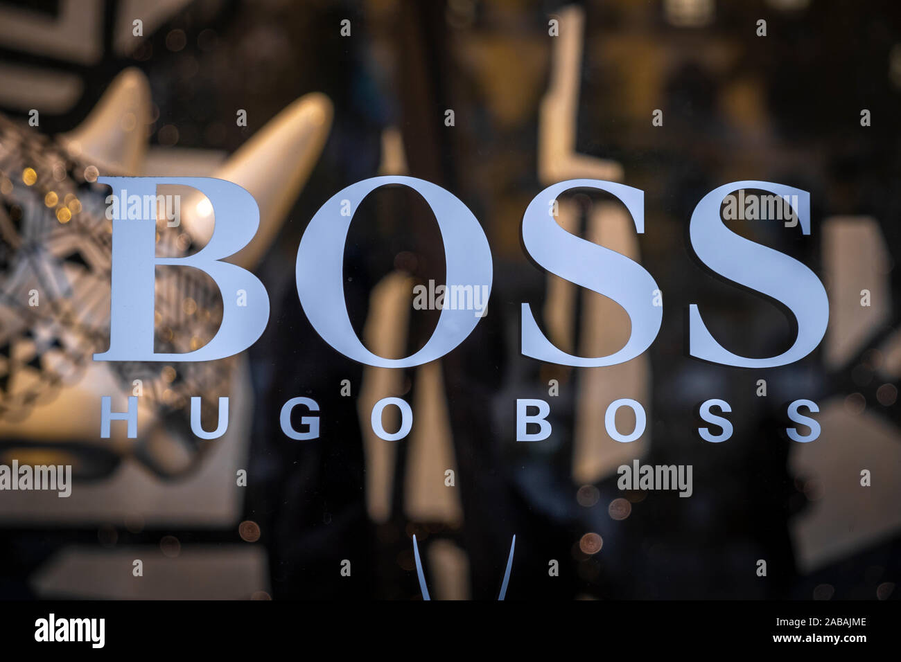 The logo of HUGO BOSS, a German luxury fashion company, seen at the Passeig  de Gràcia store.A boulevard of just over a kilometre, the Passeig de Gràcia  store brings together the most