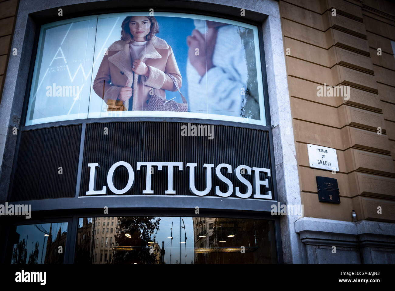 The logo of Lottusse, Spanish brand of footwear and luxury accessories seen  at the Passeig de Gràcia store.A boulevard of just over a kilometre, the  Passeig de Gràcia store brings together the