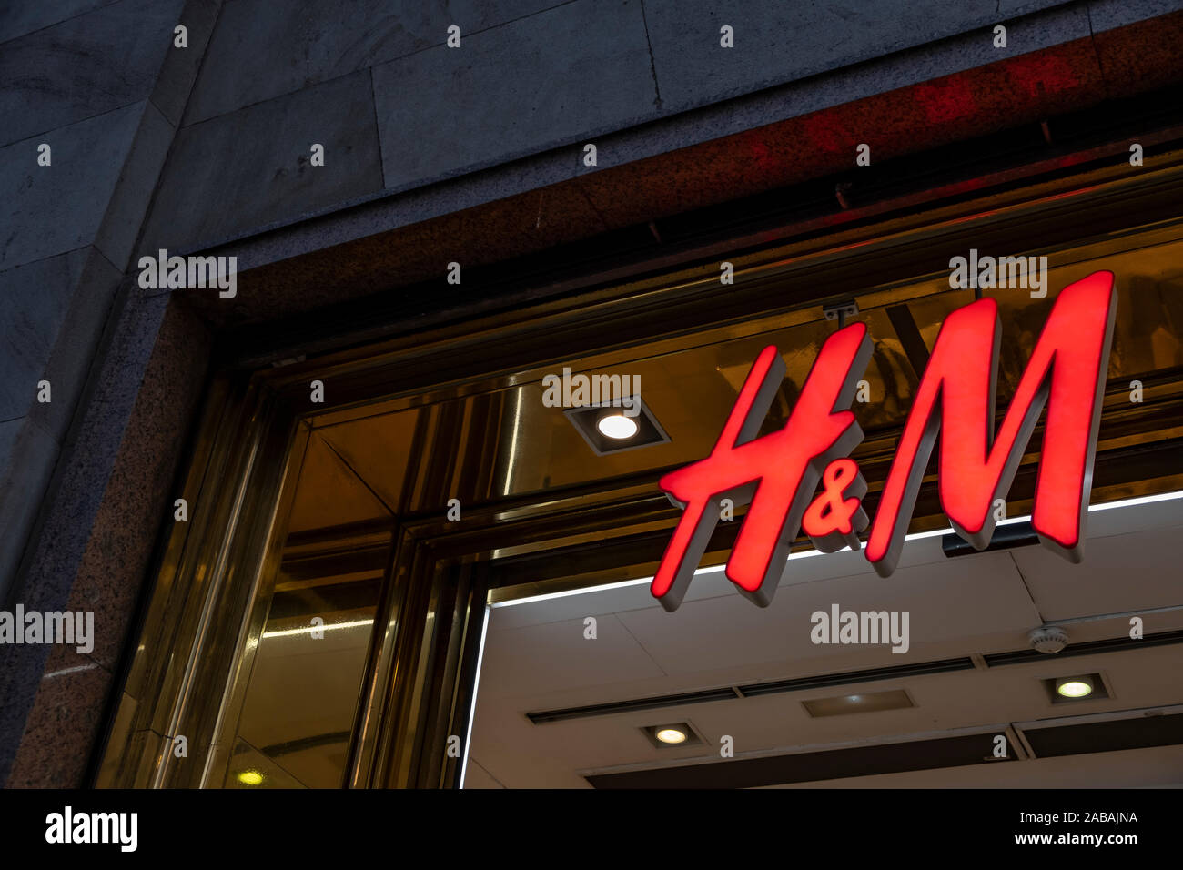 The H&M logo, the Swedish chain of clothing and accessories stores, seen at  the Passeig de Gràcia store.A boulevard of just over a kilometre, the  Passeig de Gràcia store brings together the