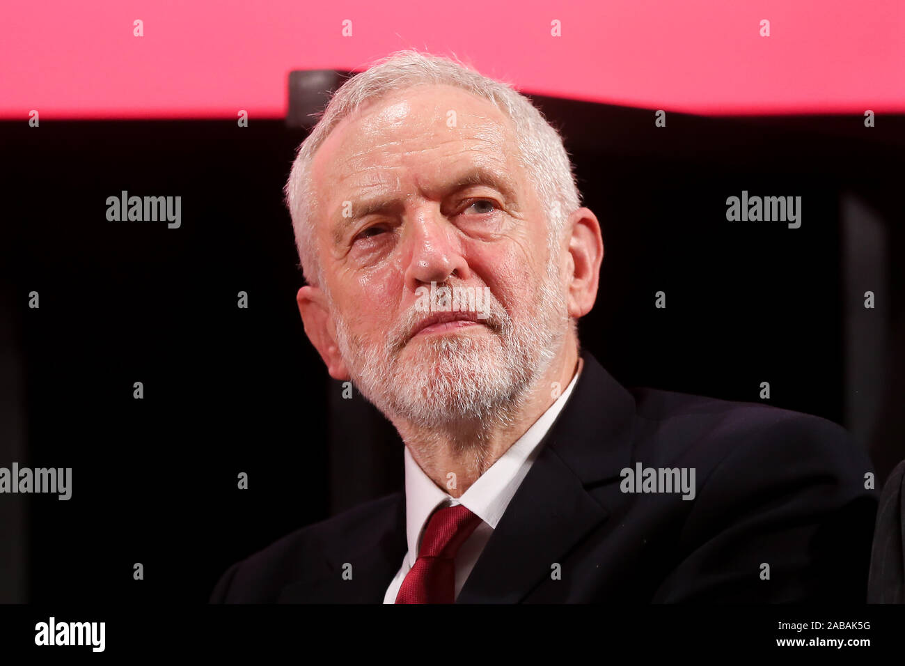 Leader of Labour Party, Jeremy Corbyn listening to Shadow Women & Equalities Secretary, Dawn Butler's speech during the launch of the Labour Party's Race and Faith Manifesto at the Bernie Grant Arts Centre, Tottenham. Britons go to the polls on 12 December in a General Election. Stock Photo