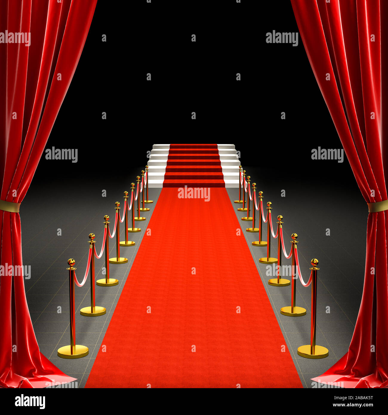 3d image of a red carpet and a staircase. barriers with rope and satin curtains. concept of exclusivity. Stock Photo