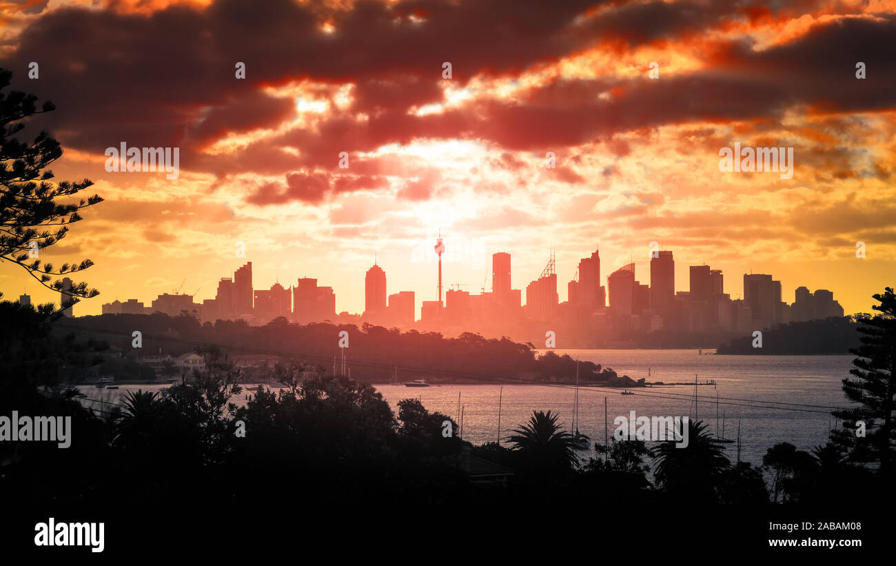 Ein Sonnenuntergang über dem Panorama der Stadt Sydney Stock Photo