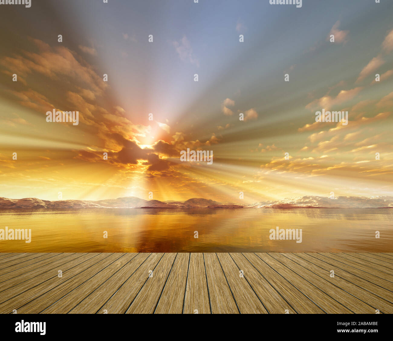 Sicht von einem Bootssteg aus auf einen wunderschoenen Sonnenaufgang ueber dem Ozean Stock Photo