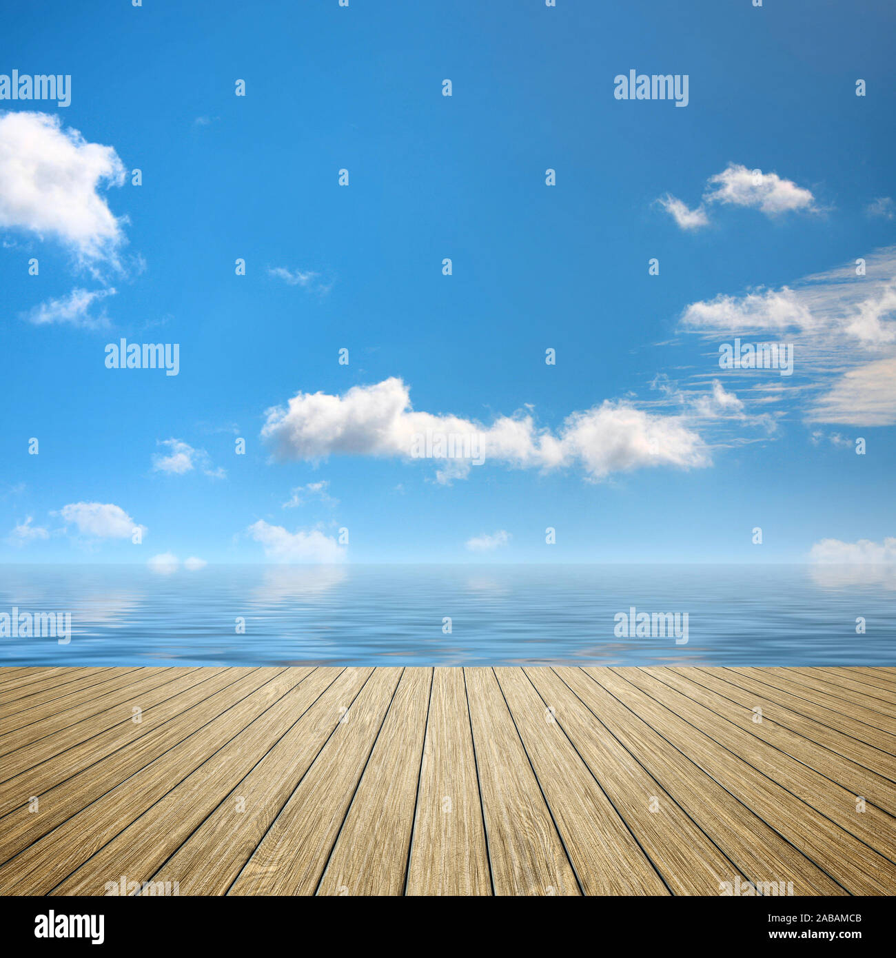 Sicht von einem Bootssteg aus auf einen blauen Himmel ueber dem Ozean Stock Photo