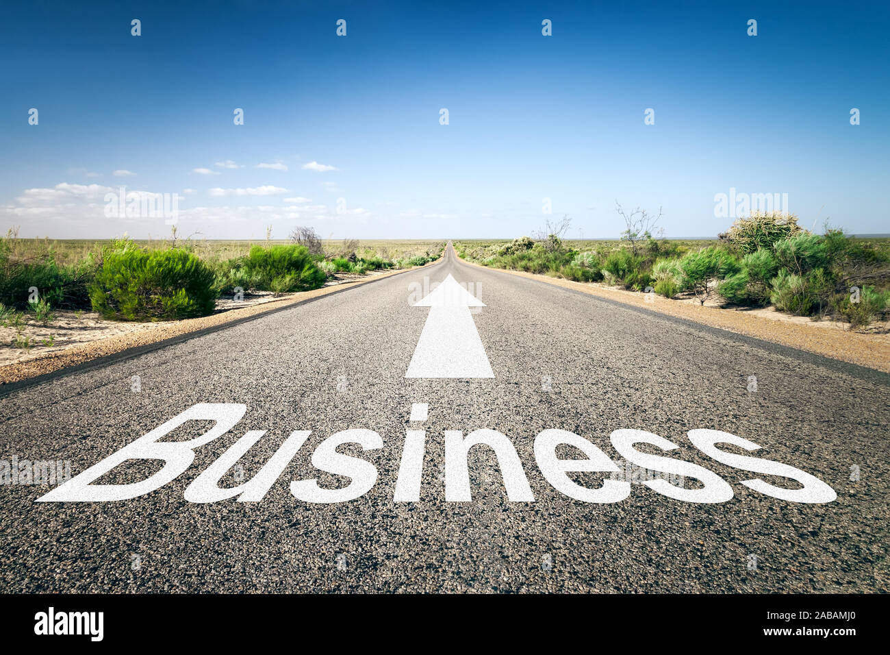Eine unendlich lange Strasse mit der wegweisenden Aufschrift: "Business" Stock Photo