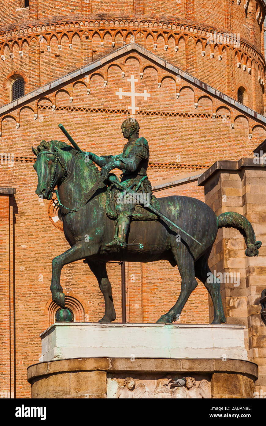 Gattamelata bronze equestrian statue in front of Basilica of Saint Anthony, in the historic center of Padua, erected by the famous renaissance artist Stock Photo