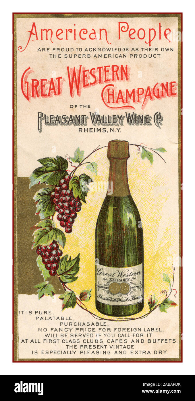 Vintage 1900's Great Western Champagne early colour press advertisement advertising American 'Champagne'  from Pleasant Valley Wine Co. of Rheims New York USA America Wine Sparkling Wine Production c1912 Stock Photo