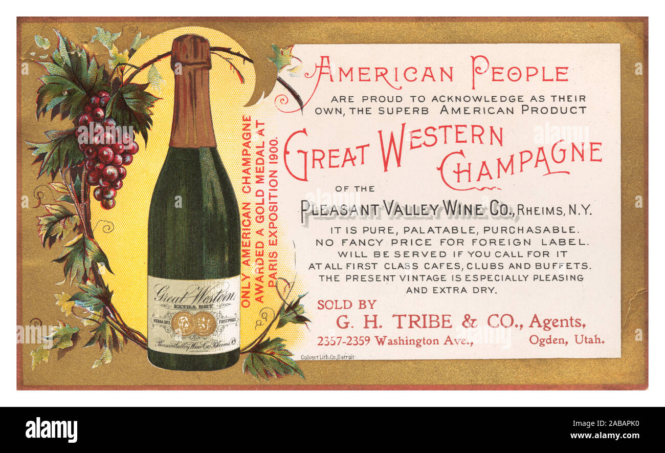 Vintage 1900's Great Western Champagne early colour press postcard advertisement advertising American 'Champagne'  from Pleasant Valley Wine Co. of Rheims New York USA America Wine Sparkling Wine Production c1912 Pleasant Valley Wine Company postcard. Sold by GH Tribe & Co Ogden Utah USA Stock Photo