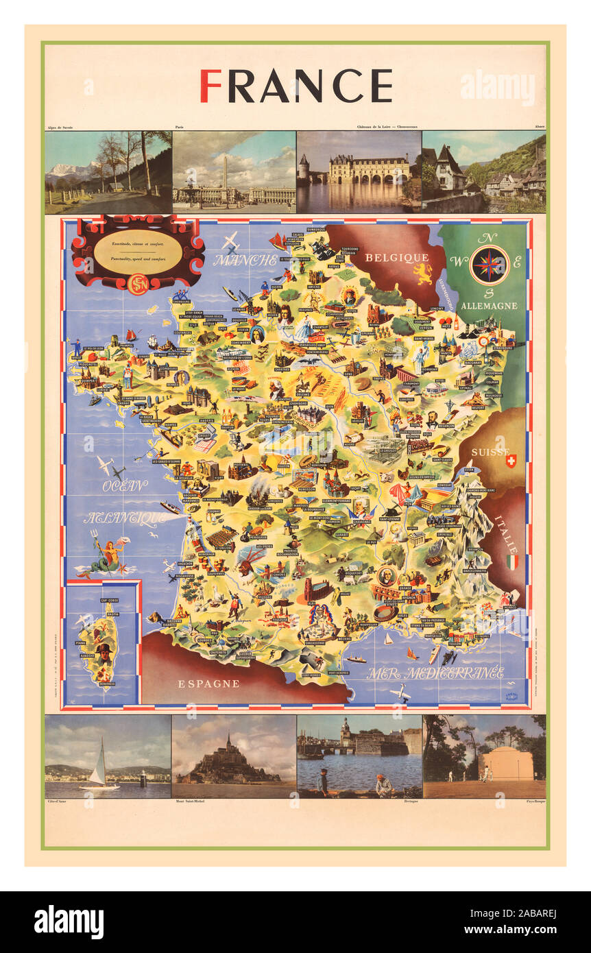 A 1947 vintage Rail SNCF poster promoting post war French tourism issued by the French National Railway motto on upper left: "Punctuality, speed and comfort" The map contains scores of pictures, illustrating significant French historical, cultural, architectural, culinary, sporting, agricultural, industrial and religious sites. Above and below the map are photographs of renowned and typical tourist sites. Poster issued shortly after World War II to rekindle tourism Stock Photo