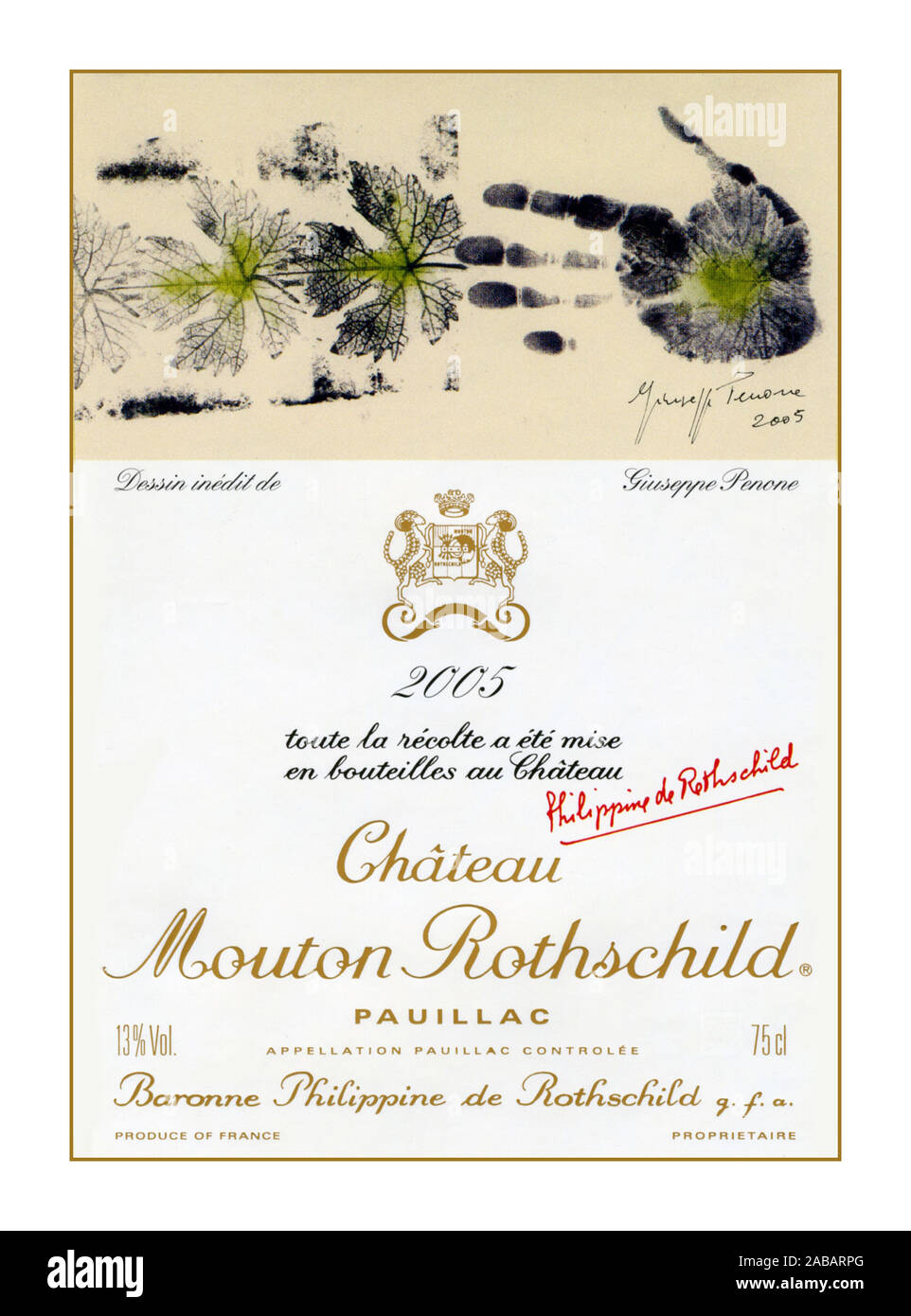 PAUILLAC Vintage 2005 Wine bottle label for one of the greatest Bordeaux wines Chateau Mouton Rothschild 2005 Pauillac red Bordeaux wine Stock Photo