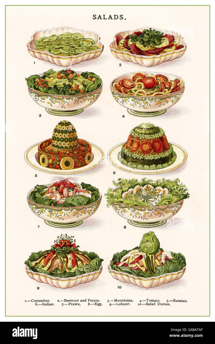 SALADS Vintage lithograph colour page illustration 1800’s Mrs Beeton's cookery book - salads L-R Cucumber, Beetroot and Potato, Macedoine, Tomato, Russian, Italian, Prawn, Egg, Lobster, Salad Dumas. Stock Photo