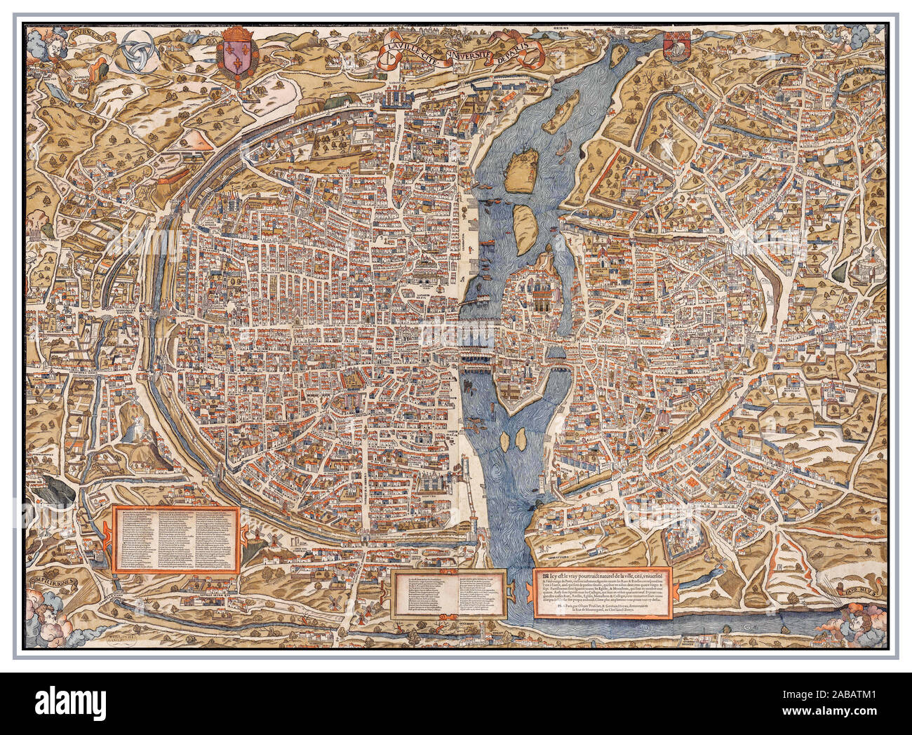 PARIS 1500's Vintage Historic Map Plan of Paris - 1550C by Olivier Truschet and Gemain Hoyau Stock Photo