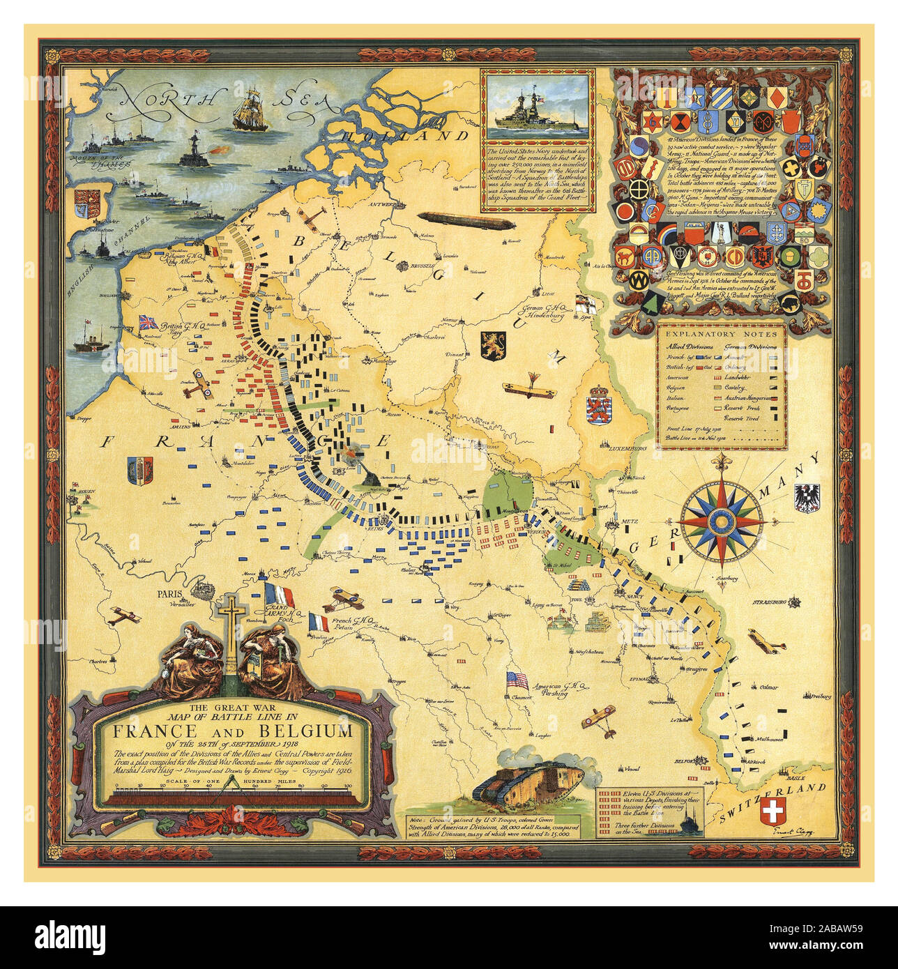 Vintage World War One detailed Map of the Battle Line in France and Belgium on the 25th of September 1918. A WW1 map made by Ernest Clegg in 1926 Stock Photo