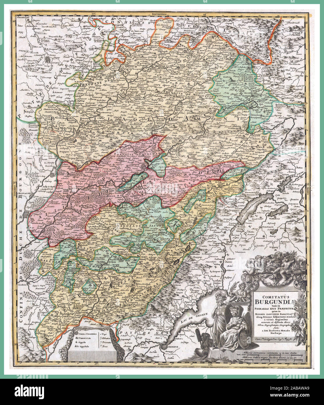 BURGUNDY FRANCE HISTORIC VINTAGE MAP Homann’s 1716 map of Burgundy, one of France’s most important wine regions. Extends to include Lake Geneva southwest, Lorraine north,  Champagne and Angers to northwest and Bourgogne to the west.  A rare vintage historic map. Produced by J. H. Homann for inclusion in the Grosser Atlas published in Nuremberg, 1716. Stock Photo