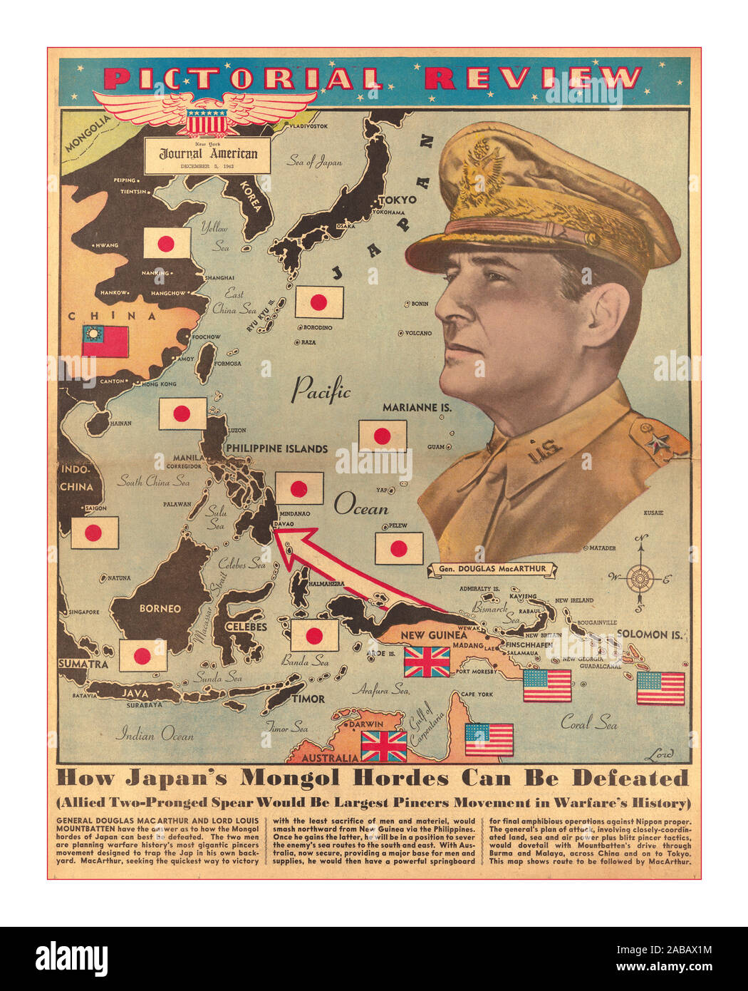 1940's World War 2 morale-building, full-page Sunday supplement map in color, showing how 'Japan's Mongol Hordes' would be 'Defeated' by 'the Largest Pincers Movement in Warfare's History.' The image is dominated by a heroic portrait of General MacArthur, larger than most of South Asia. New York Journal American, Pictorial Review, December 5, 1943. Stock Photo