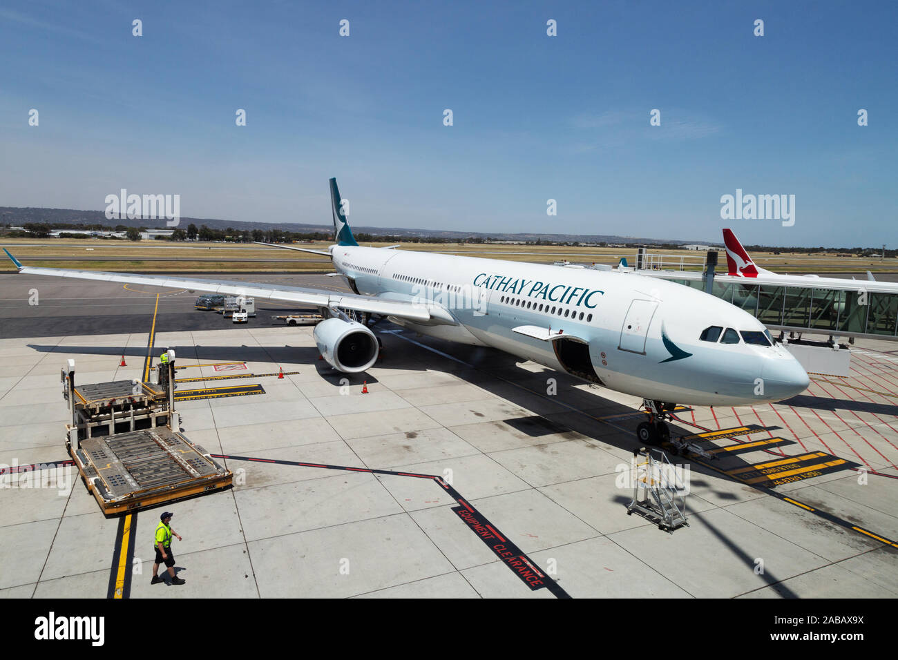 Cathay Pacific plane on the ground at Adelaide airport, South Australia Stock Photo