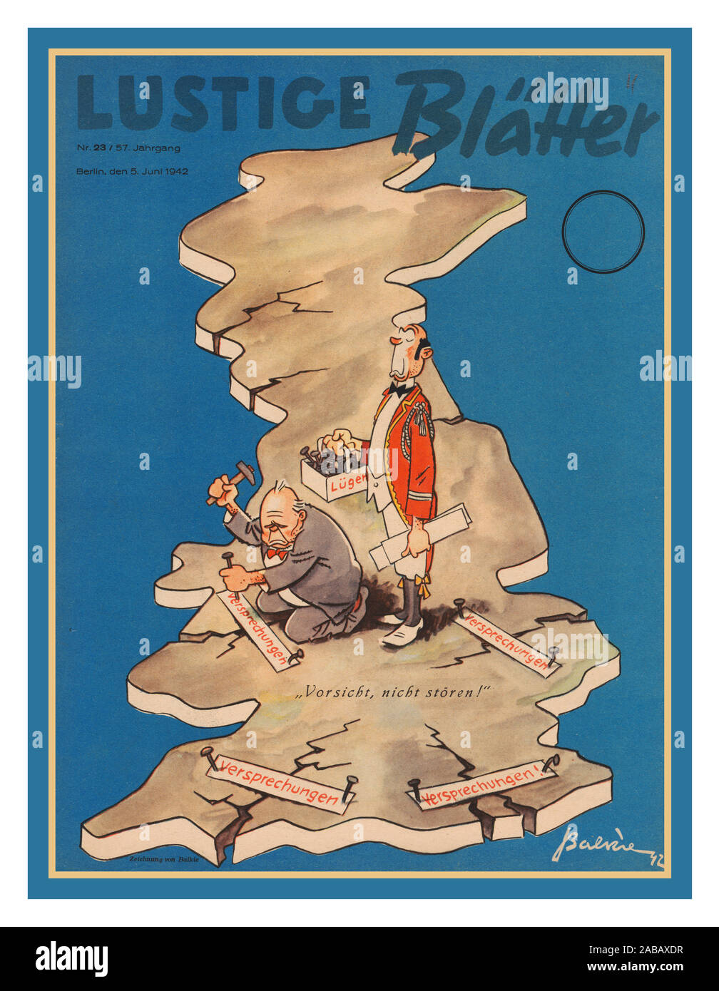 Vintage Nazi WW2 MAP GREAT BRITAIN CHURCHILL  German Propaganda World War II  illustration map of UK from Nazi German satirical magazine, published in June 1942, during a lull in the Blitz. An unhappy Churchill sits astride a shattered England, patching the country together with 'versprechungen' and 'lugen' - “promises and lies”. The small centre caption reads, 'Careful, don't interfere.' Stock Photo