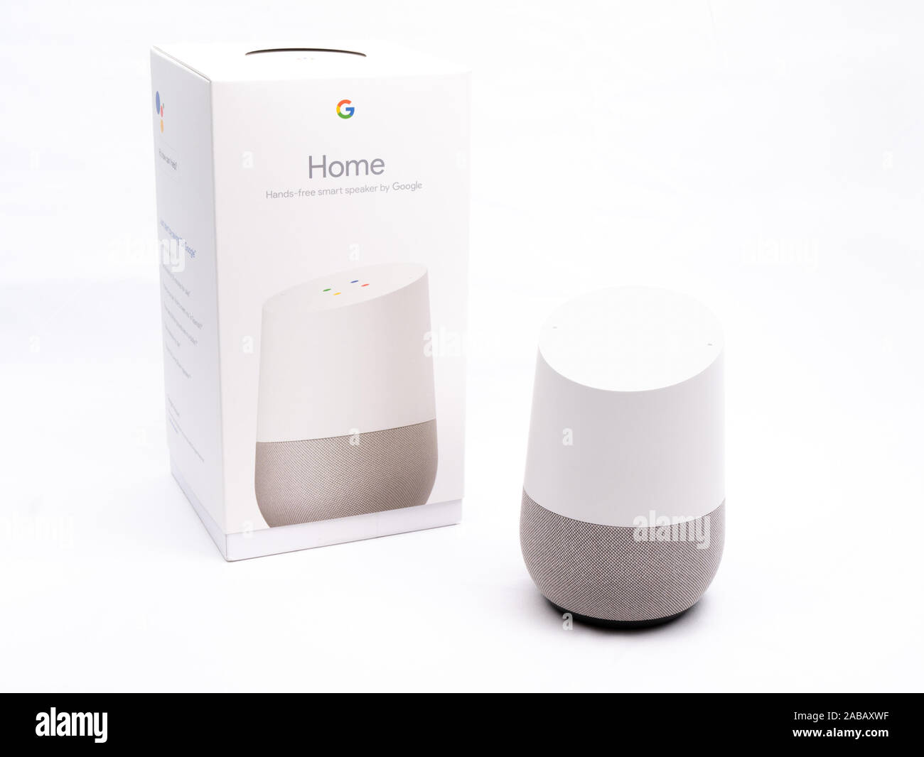 Nov 2019, UK - Google Home with unopened box on white, brand new Stock Photo