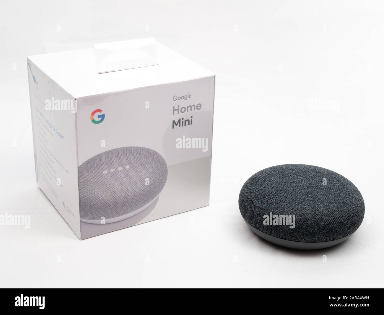 Nov 2019, UK - Google Home Nest Mini with unopened brand new box on white  background Stock Photo - Alamy