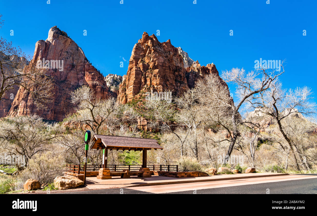 Bus Stop at Zion Canyon Scenic Drive Stock Photo