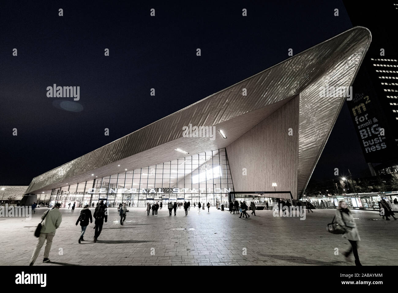 Exterior of new Centraal Station at night in Rotterdam, The Netherlands Stock Photo