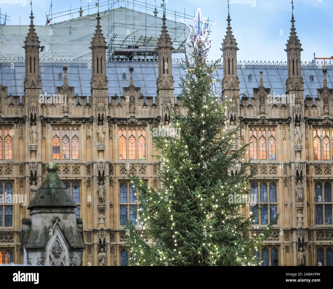 London, UK. 26th Nov, 2019. The festively lit Christmas tree at the Houses of Parliament is up. Although it is still November, nearly all shopping streets and London landmarks have now got their Christmas decorations and illuminations iup. Credit: Imageplotter/Alamy Live News Stock Photo