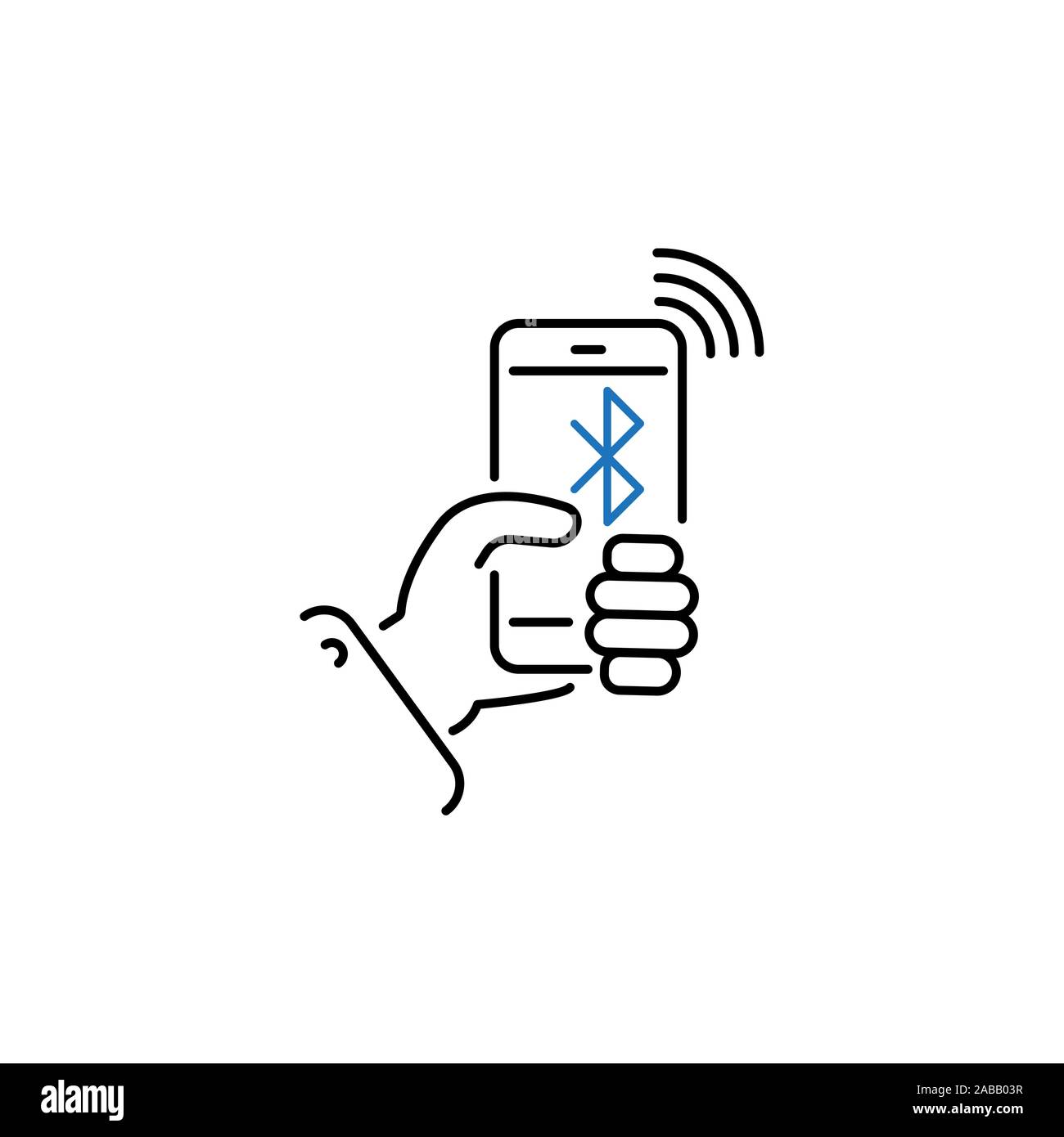 smartphone in hand and the inscription bluetooth line, linear vector icon, sign, symbol. network