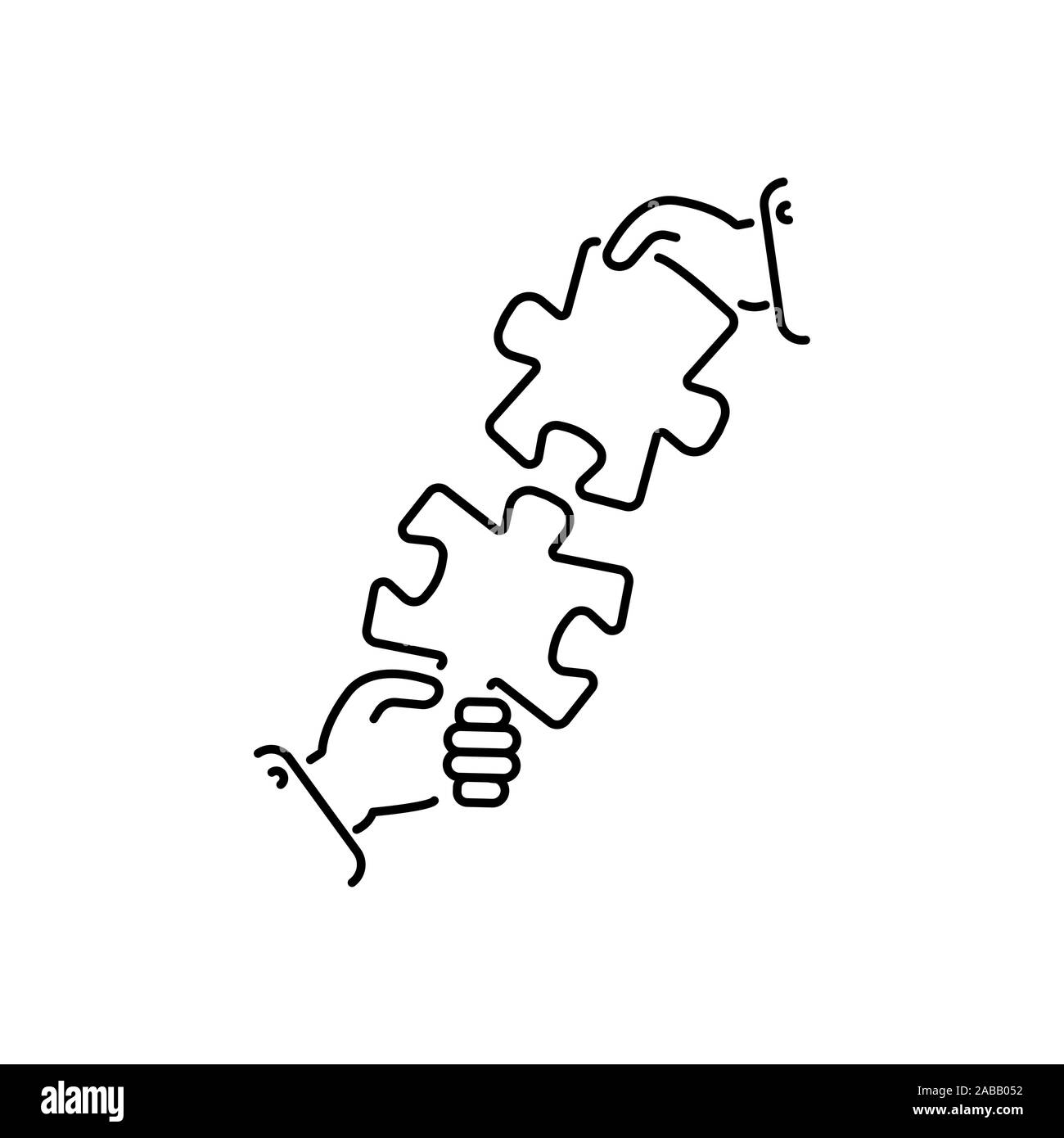 puzzles connect in hands line, linear vector icon, sign, symbol. Business matching concept. Connecting elements puzzle in hand businessman. Working to Stock Vector