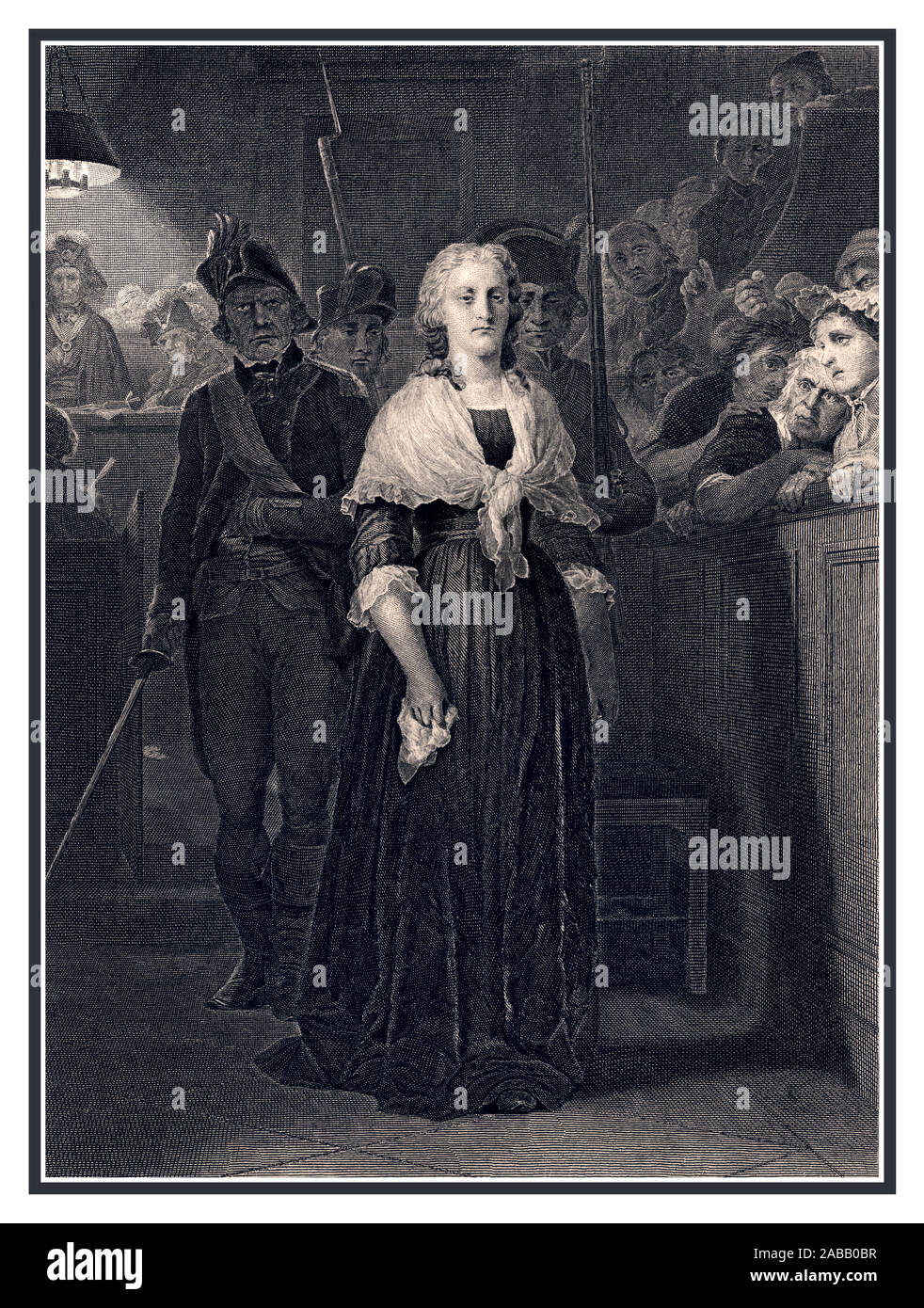 Vintage engraving of Marie Antoinette leaving the Revolutionary Tribunal  1862 showing Marie Antoinette being conducted back to prison after her trial during the French Revolution. Stock Photo