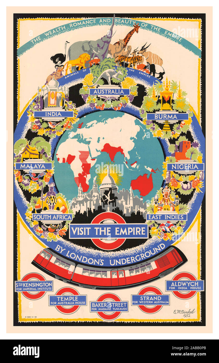 Vintage 1930’s London Underground Map Poster icons to associated places of interest by tube rail travel artist design by EM Dinkel 'The Wealth Romance and Beauty of The Empire' Stock Photo