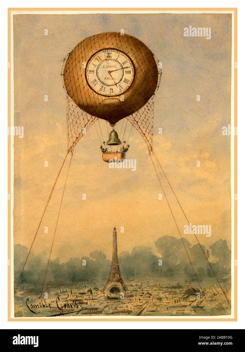 1889 Paris Exposition Vintage Hot Air Balloon Captive balloon with clock face and bell, floating above the Eiffel Tower, Paris, France by Camille Grávis., balloon hot air balloon paris,  france,  historic, drawing, illustration, poster, world exposition clock promotion Paris Stock Photo